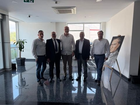 Team in office lobby